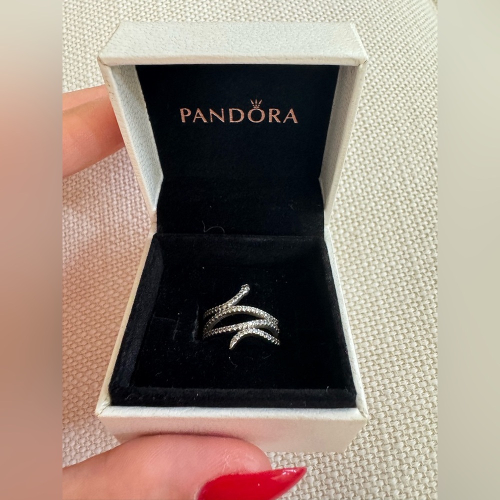 Pandora Snake Silver Ring with Sparkling Stones Size 6